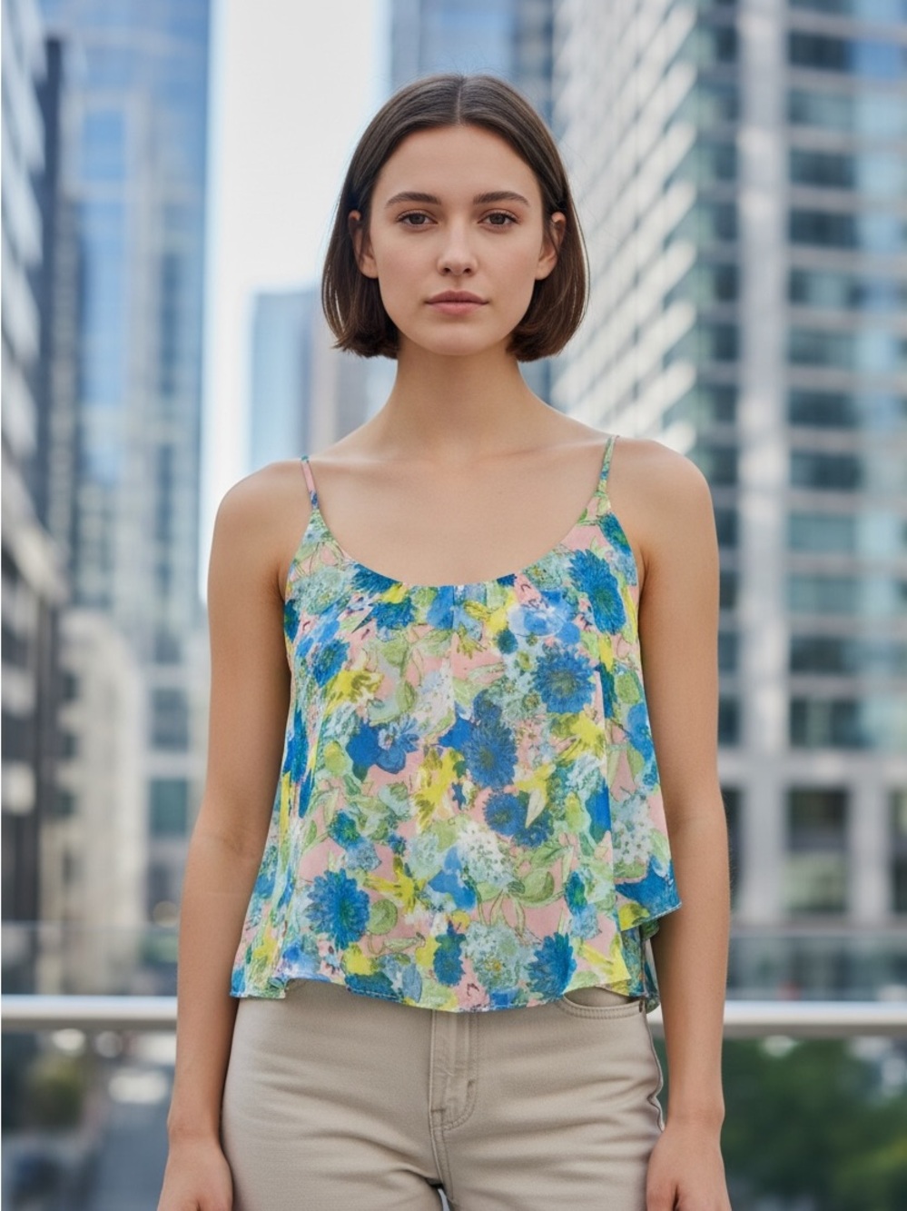 American Dream: Floral Crop Top Camisole: Peach/Blue/Yellow/Green, Size: Medium
